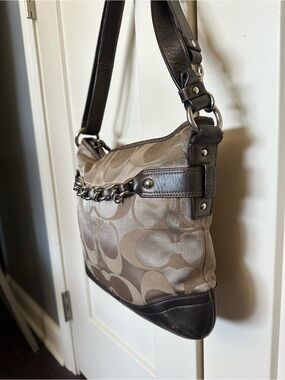 Coach Khaki and Brown Signature Shoulder Bag with Chain Accent